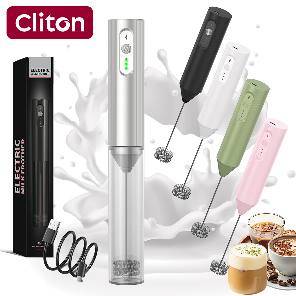 Electric Milk Frother Handheld - Cliton Versilberter USB-C Wiederaufladbarer 3-Gang Elektrischer